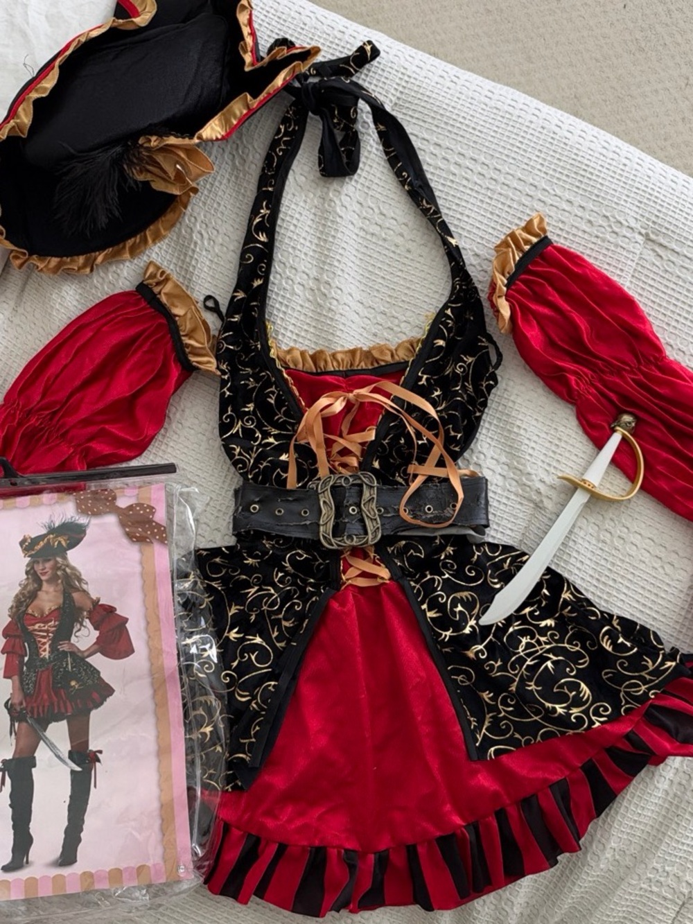 Women's Red & Black Pirate Mini Dress with Gold Trim